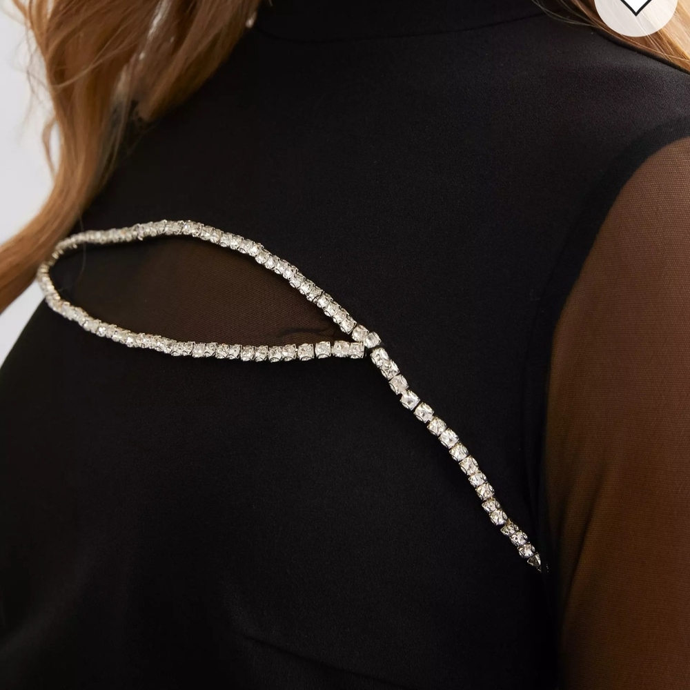 Black Sheer Sleeve Top with Rhinestone Detail - Picture 2 of 7